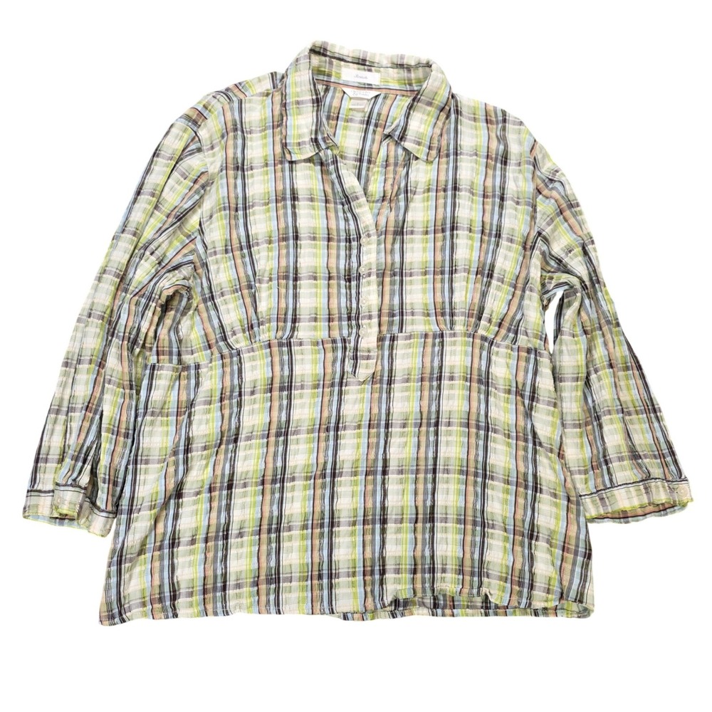 Christopher & Banks 3/4 Sleeve Top Women's Size L Green Blue Plaid Empire Waist